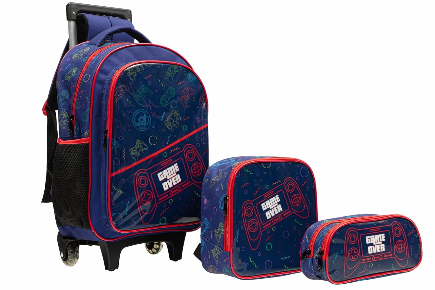 Kit GAME Mochila de rodinha escolar infantil com Lancheira Térmica e Estojo Duplo (AZUL)