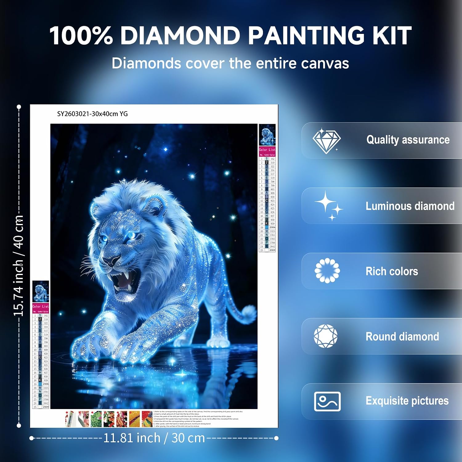 5D Neon Lion Diamond Art Kit for Adults - Full Drill with 30% Extra Diamonds, Glow-in-the-Dark Blue Lion on Water, Luminous Crystal Craft for Home Wall Decor (12x16 Inch)