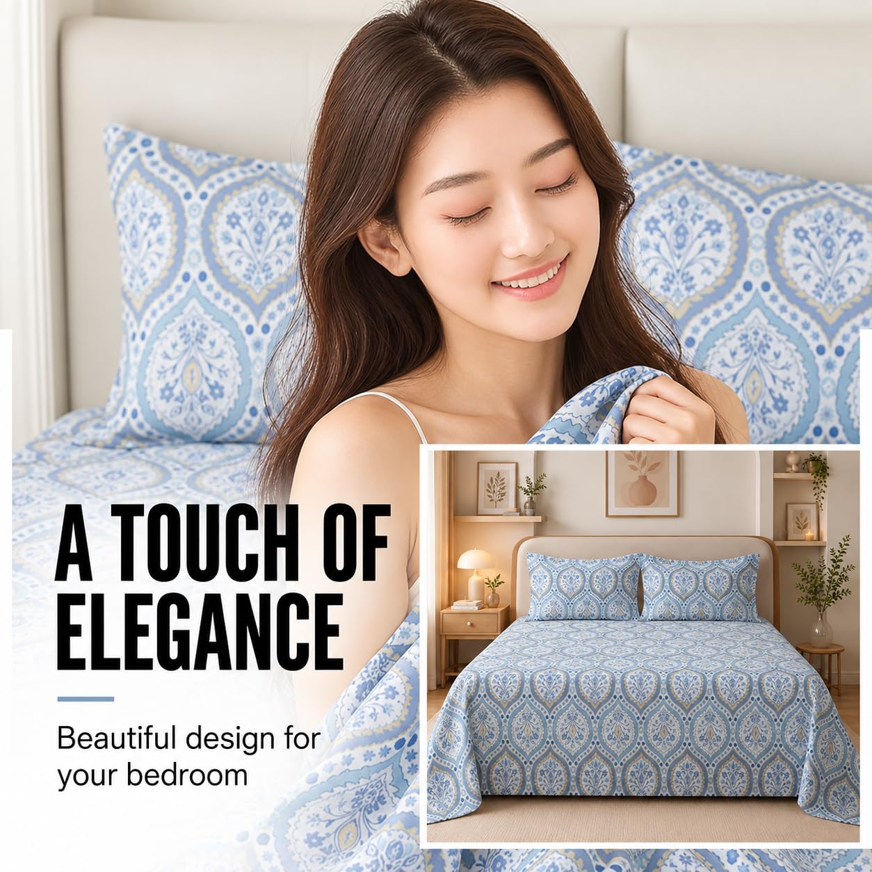 BSB HOME Floral Bed Sheets - King Size, Powder Blue -3