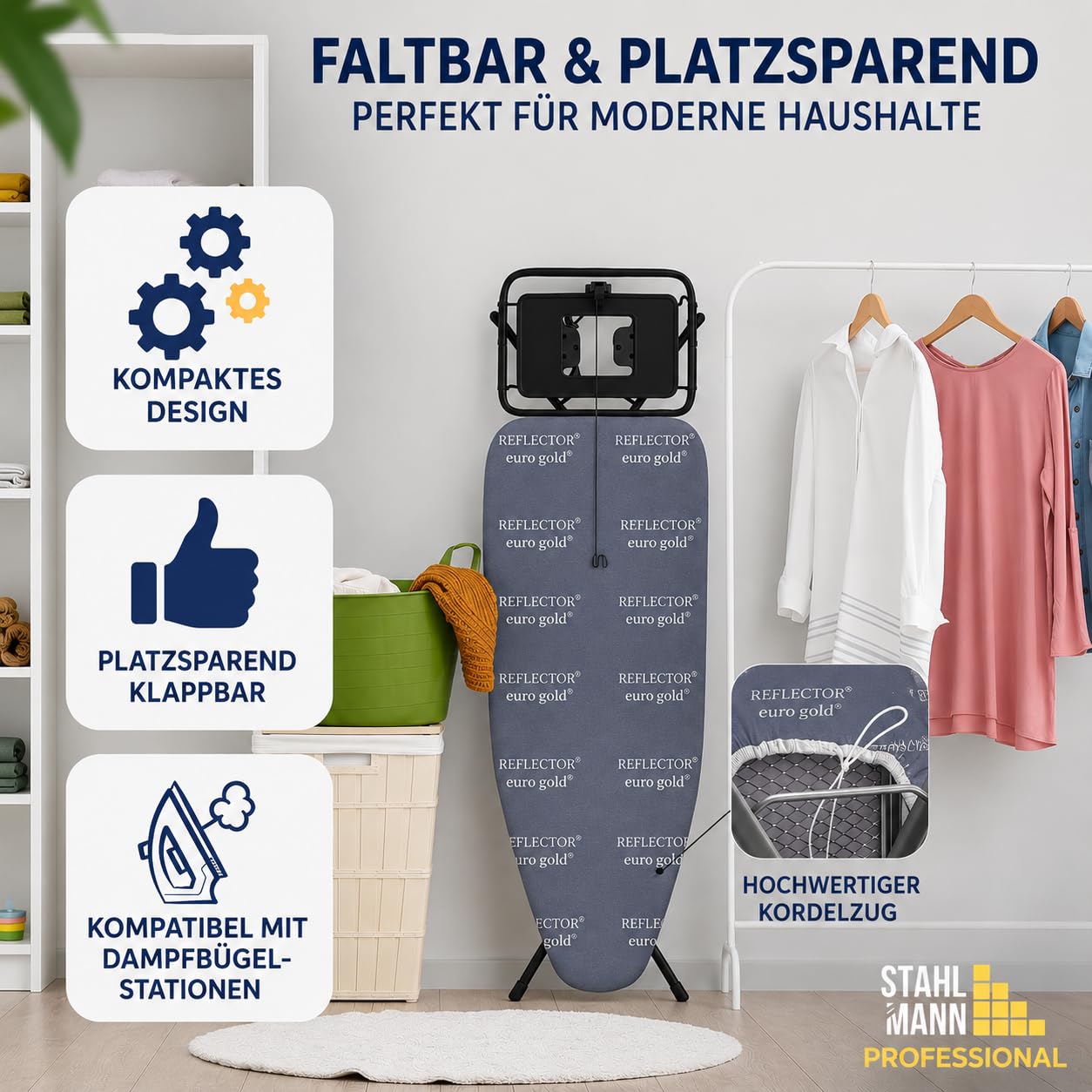 SEHR BELIEBT! STAHLMANN ® XXL-Bügelbrett für Dampfbügelstation inkl. Ärmelbrett[130x48 Bügelfläche]– Bügeltisch [Made IN EU] – extra stabiles Bügelbrett – Bügelbrettbezug [100% Baumwolle]