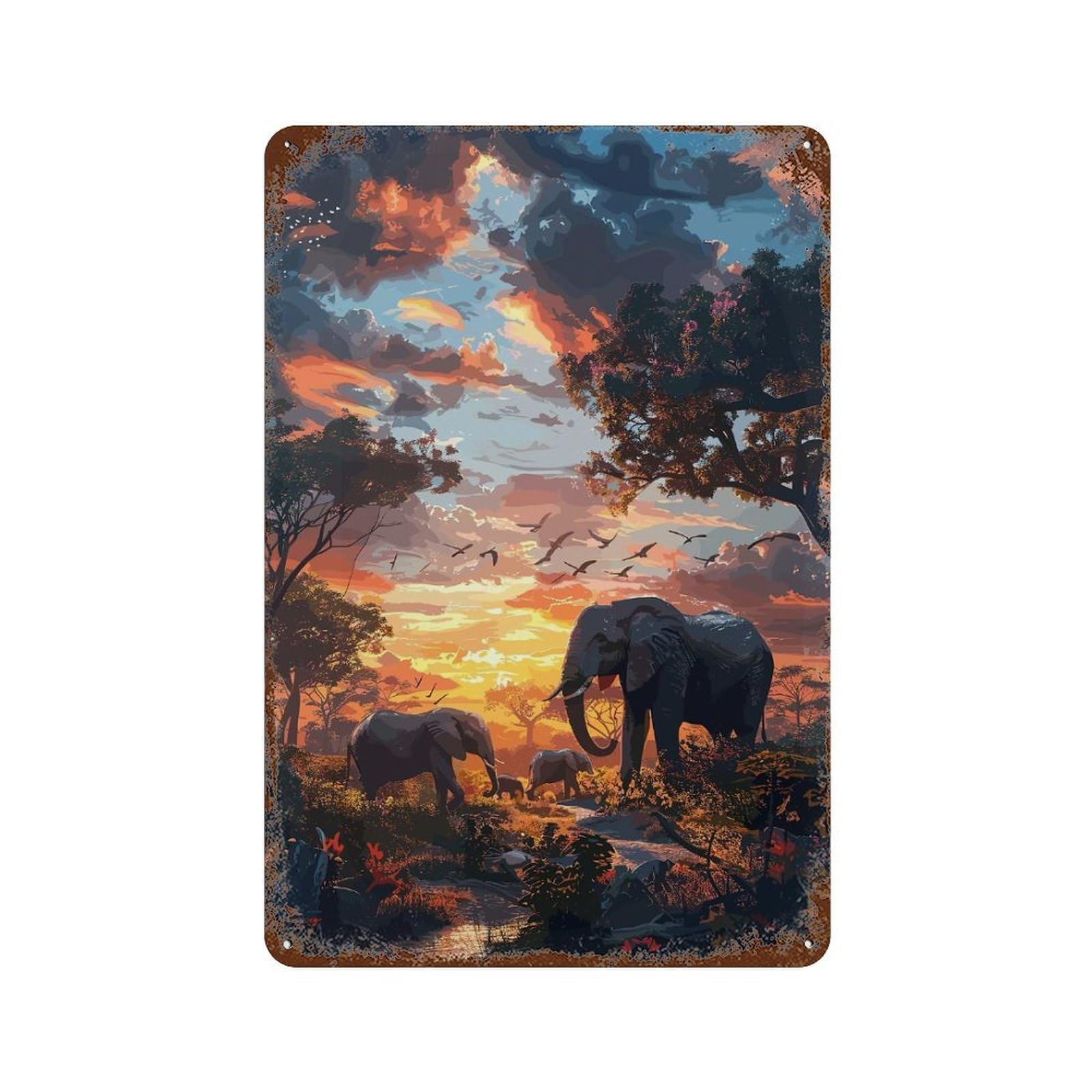 Rust Effect Elephants Nature SynthWave Rustic Tin Plaque 11.8"x7.9", Classic Wall Plaque for Shed, Workshop And Garage Wall Decor