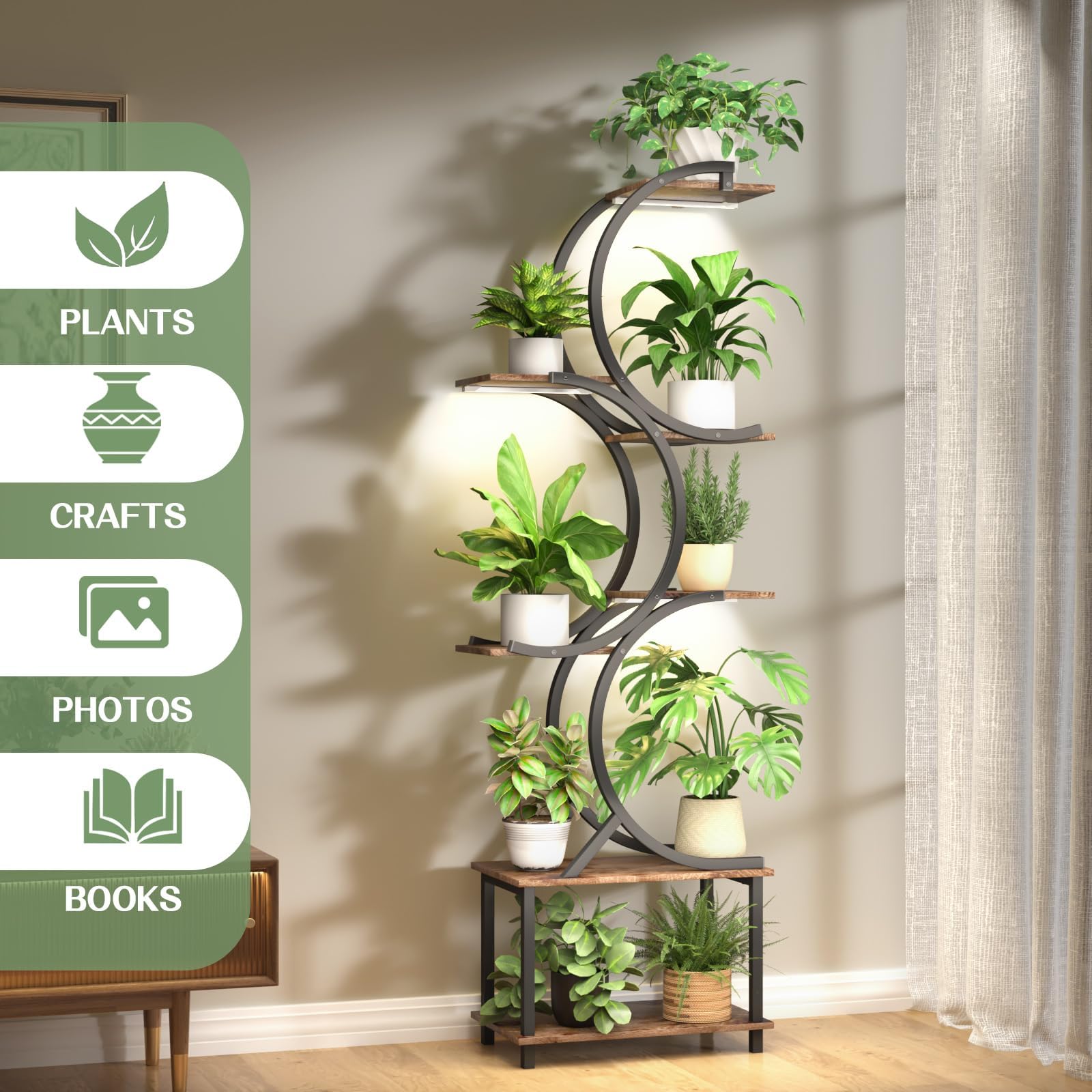 REFGY Plant Stand Indoor with Grow Lights, 65 inch Tall Plant Shelf for Multiple Plants, 7 Tiered Metal Plant Stands Indoor, for Living Room, Corners Patio Balcony or Office (Rustic Brown)