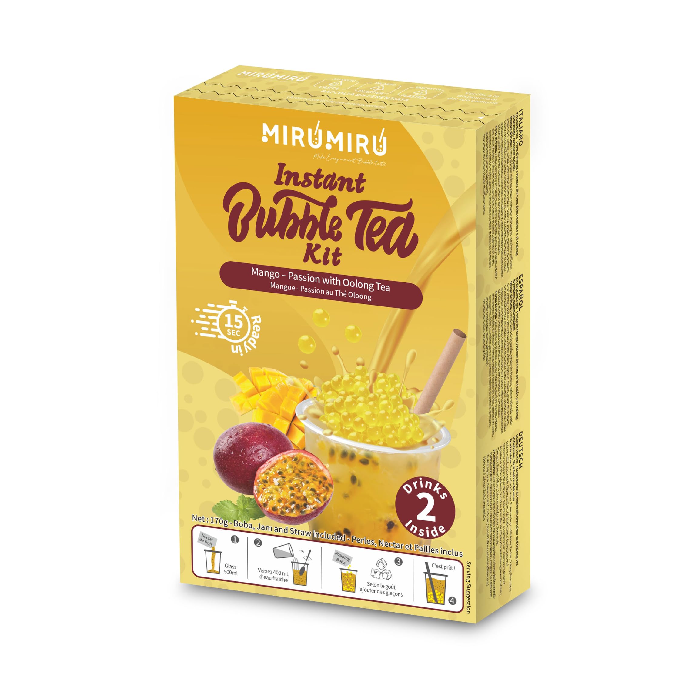 MiruMiru - Bubble Tea Kit - Perla di Mango & nettare di Frutta della Passione e Tè Oolong, Bevande e cannucce incluse (2 bevande)