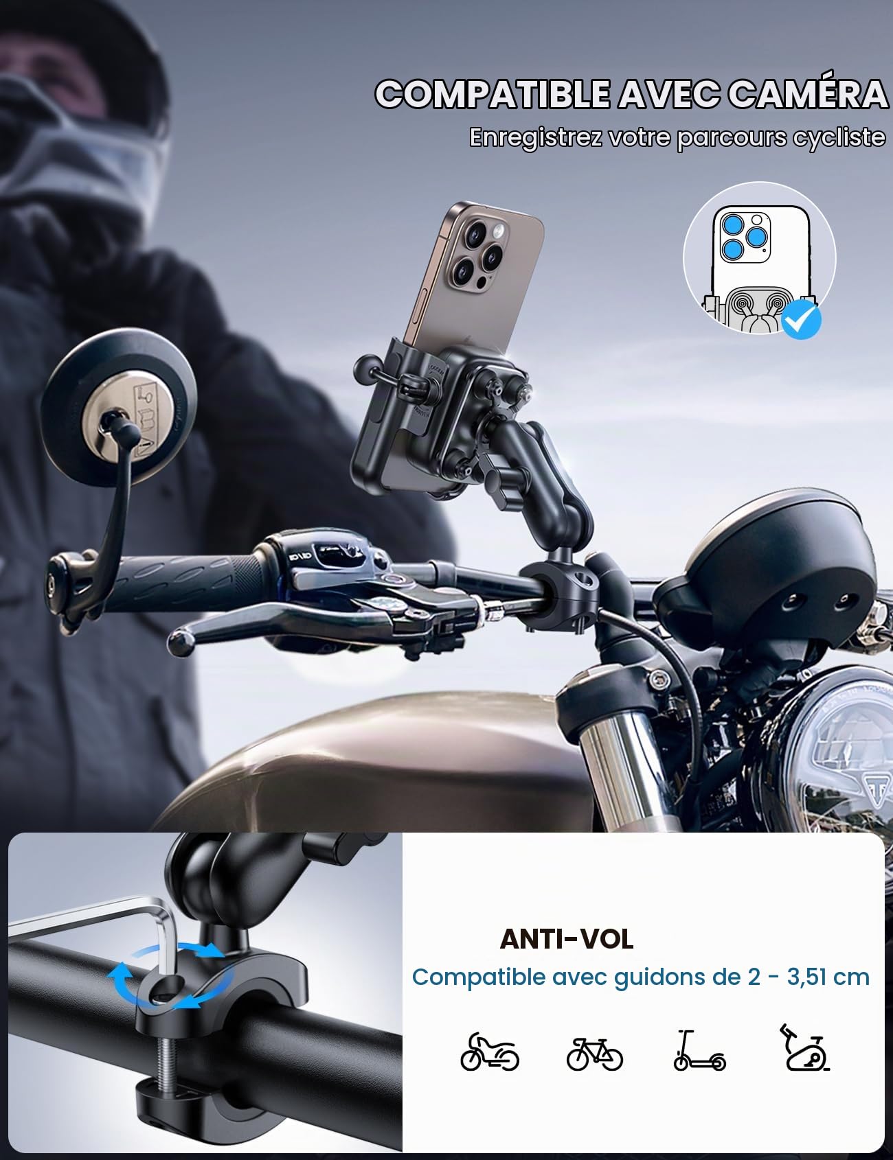 Lamicall Support Téléphone Moto - [Anti-Vibration] [Tout Métal] [Bras Rétractable] Antivol, Porte Téléphone Vélo, 2 x 360° Rotation, pour iPhone 17 16 et Smartphone de 4,7-7,2" - Noir
