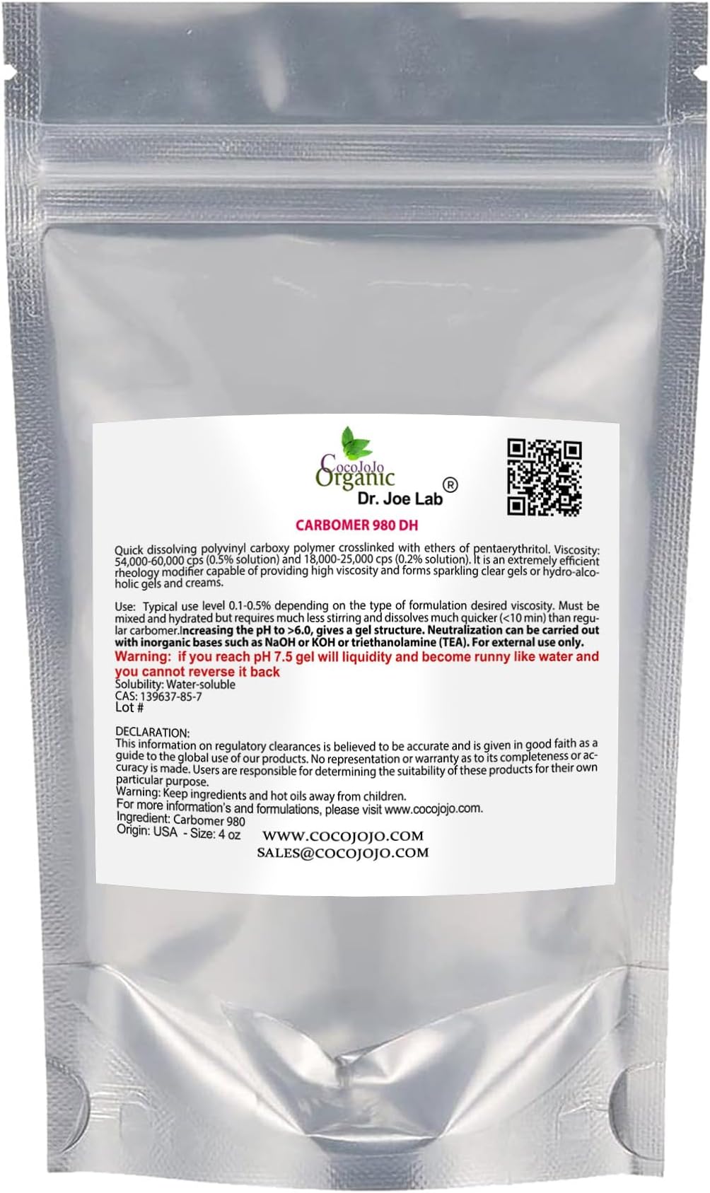 cocojojo Carbomer 980 / Carbopol 4 oz - 120 gr Cosmetic Ingredient - All Purpose Thickening Agent Cosmetic Formulation Gel Cream Lotion DIY Cosmetics Carbopol Emulsify Packaging May Vary