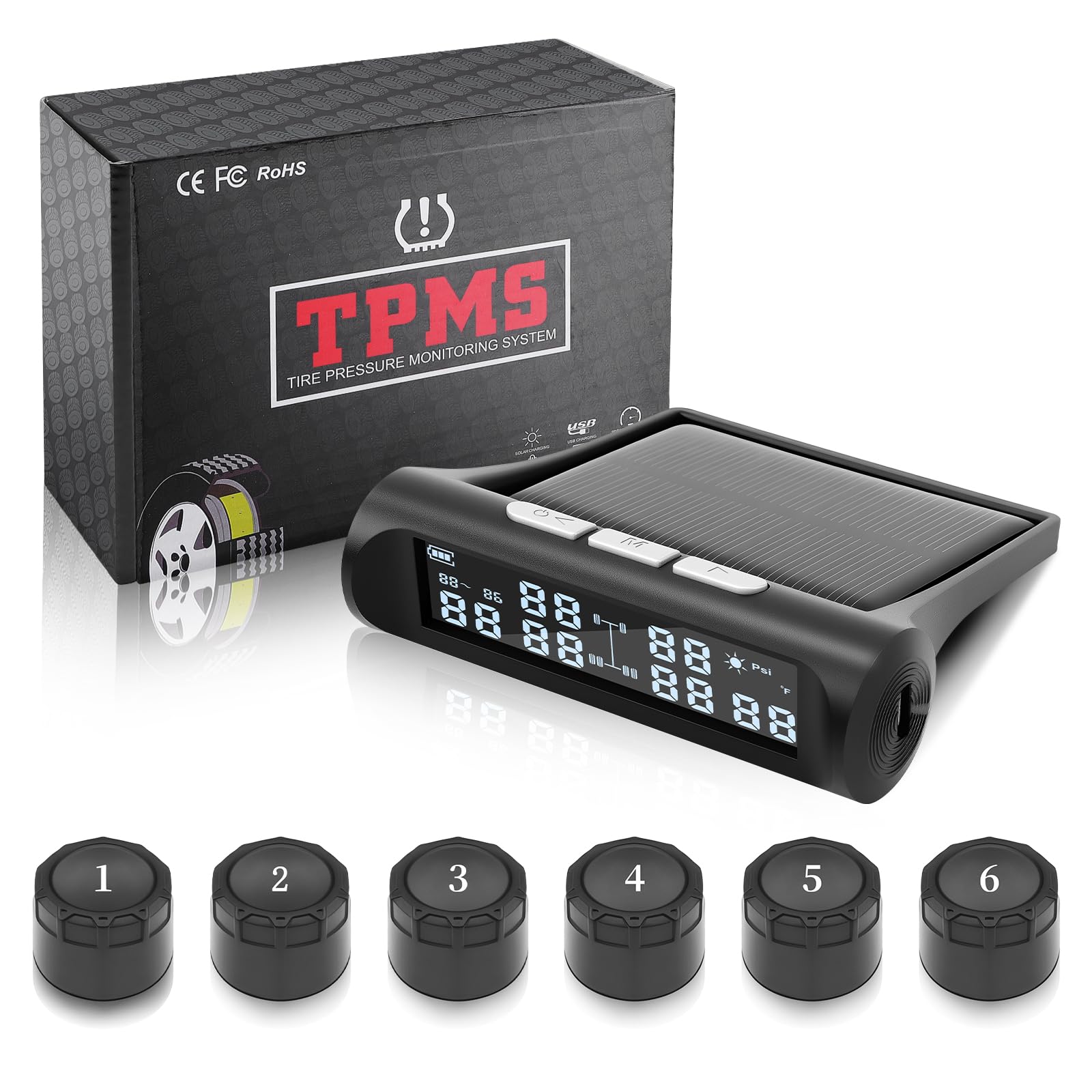 TPMS 9,9bar(144psi) Sistema di Controllo della Pressione dei Pneumatici con 6 Sensori Esterni, Ricarica Solare e USB, 6 Gomme modalità di Allarme per Camion, Roulotte