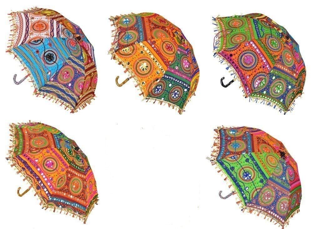 CRAFTICIASun Protection Rajasthani Walking Stick Umbrella Set Ethnic Handmade Embroidery Work For Indian Wedding or Décor (28 inch, Set of 5)