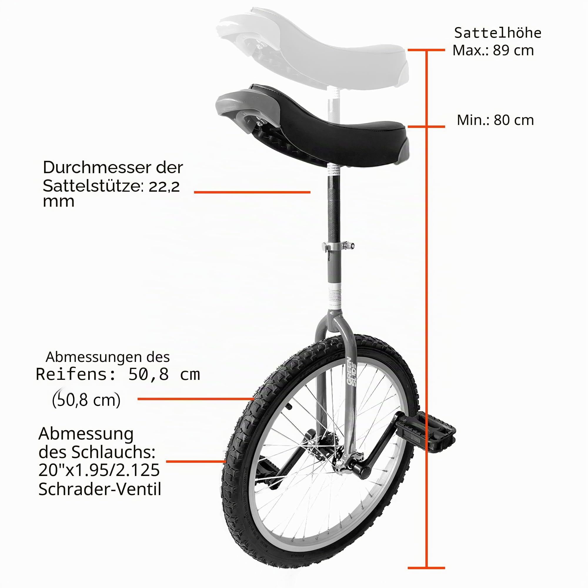Green Slide Einrad, 20 Zoll, Produktreihe Nova rot, Anfänger (runde Gabel), leichte Aluminiumfelge, ergonomischer Sattel mit Griffen