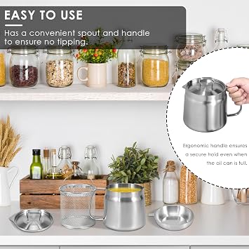 Deep Fat Fryer Strainer,Stainless Steel Frying Pot with Basket with Filter Lid and Frying Basket,Bacon Grease Container with Strainer Pot for Storing Frying and Cooking Grease (1.5L)