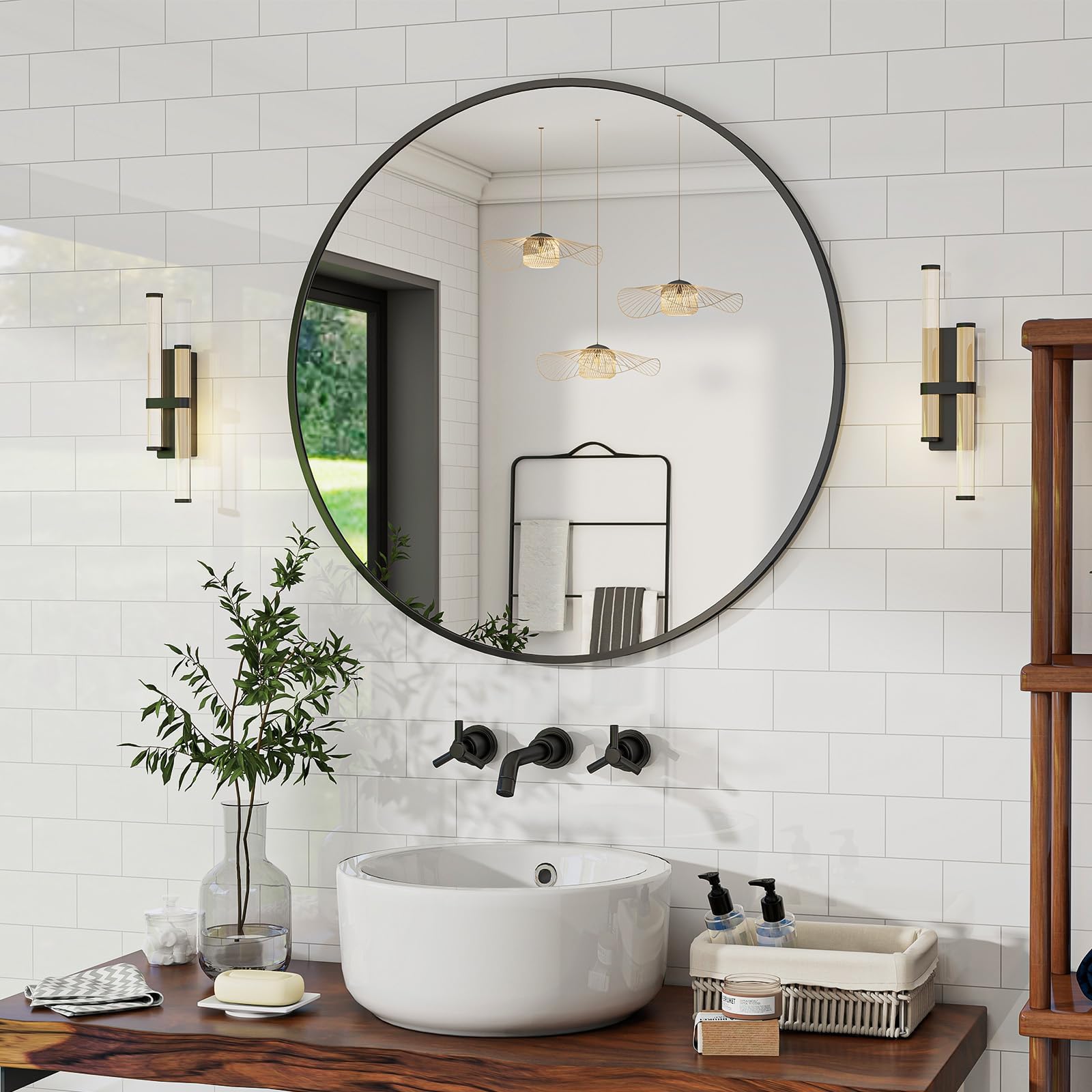 BEAUTYPEAK 60 cm Runder Spiegel in Schwarz, Rund Dekorativer Wandspiegel mit Aluminiumrahmen, Bruchsicherer Badezimmer Spiegel zum Aufhängen und Anlehnen, Wandspiegel für Schlafzimmer, Bad, Wohnzimmer