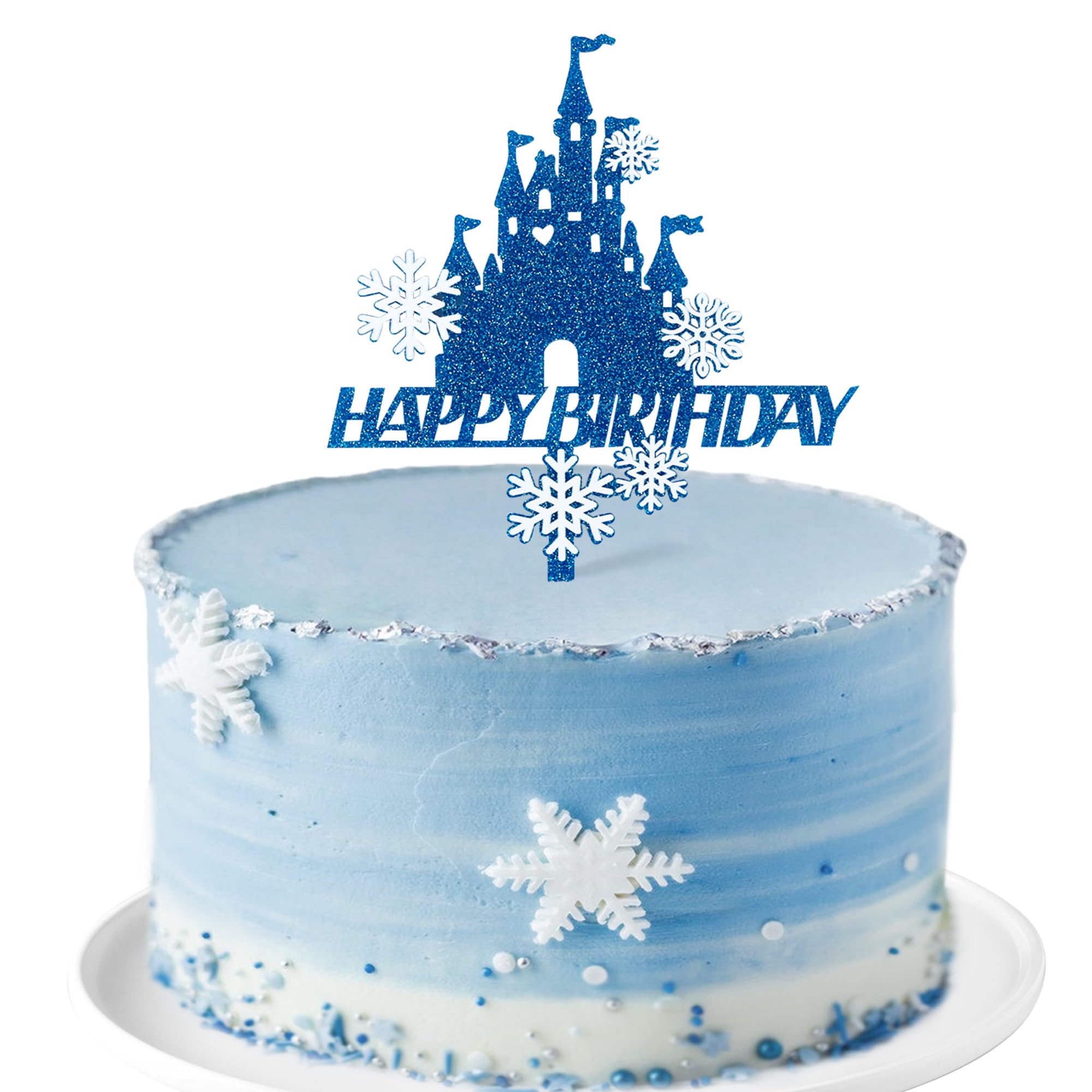 Photo 1 of 1 Pack Acrylic Blue Glitter Snowflake Castle Happy Birthday Cake Topper Winter Snow Cake Decoraton for Winter Wonderland Birthday Party Supplies