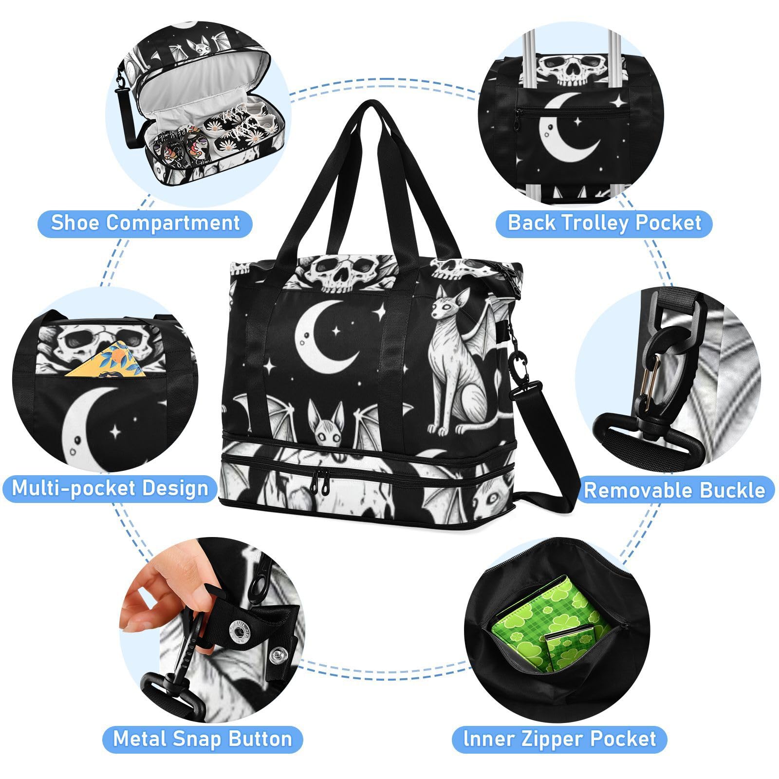 Gothic Black Moon Cat Bat Bolsa de viaje con bolsillo húmedo con correa ajustable para viajes de negocios, gran capacidad para hombres y mujeres