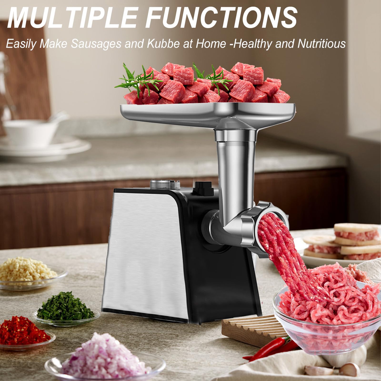 3 en 1 Picadora de Carne Eléctrica, Maquina de Picar Carne con 2 Cuchillas de Acero Inoxidable, 3 Placas de Molienda y Accesorio para Embutir Salchichas Kubbe, para Carne Picada, Salchichas