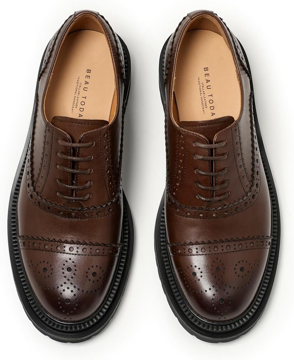 BEAU TODAY Oxford Dress Shoes for Women, Leather Brogue Cap Toe Oxfords Women, Comfortable Lace-Up Non-Slip Business Office Work Oxford Shoes