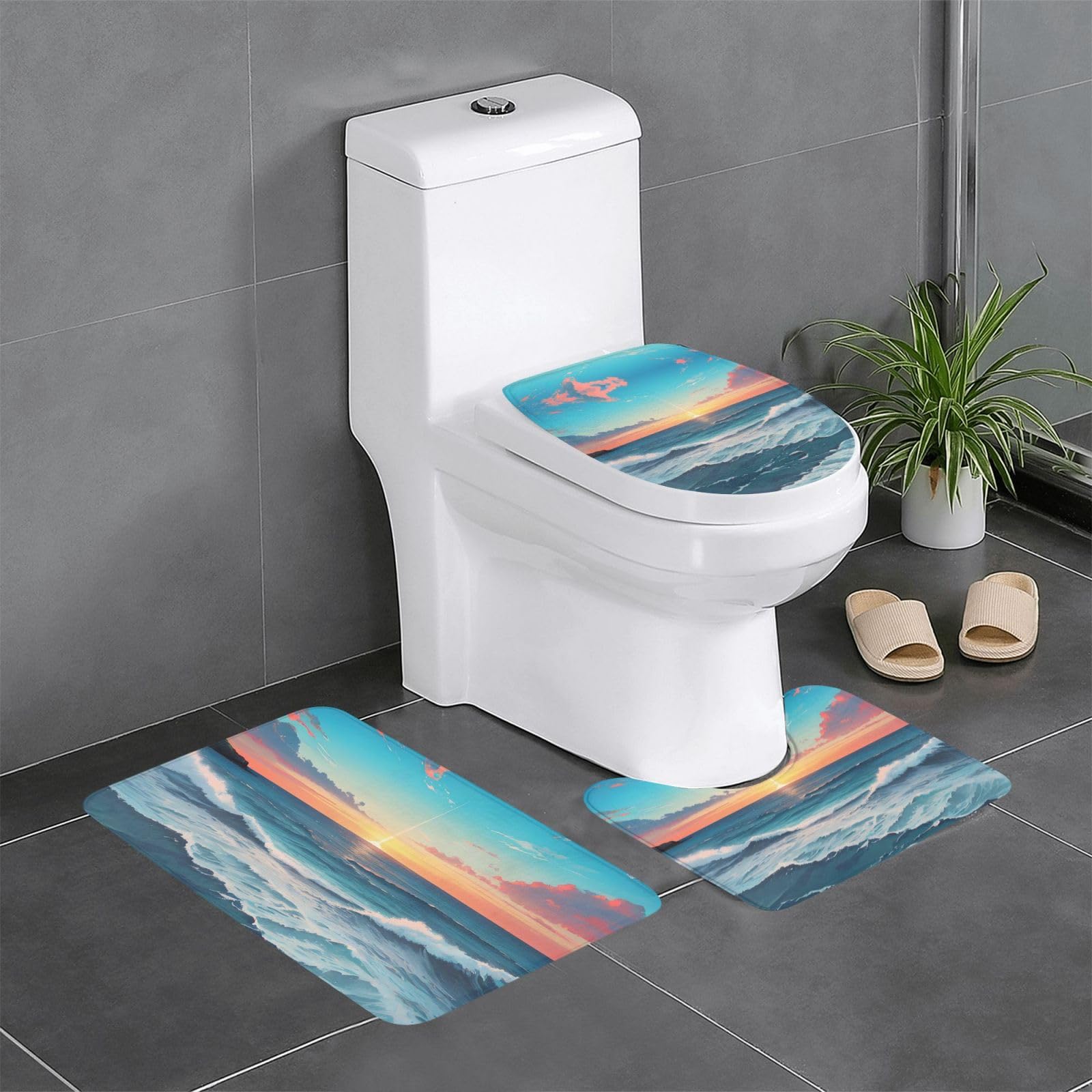 Tapis de salle de bain antidérapants lot de 3 imprimé mer pour coiffeuse