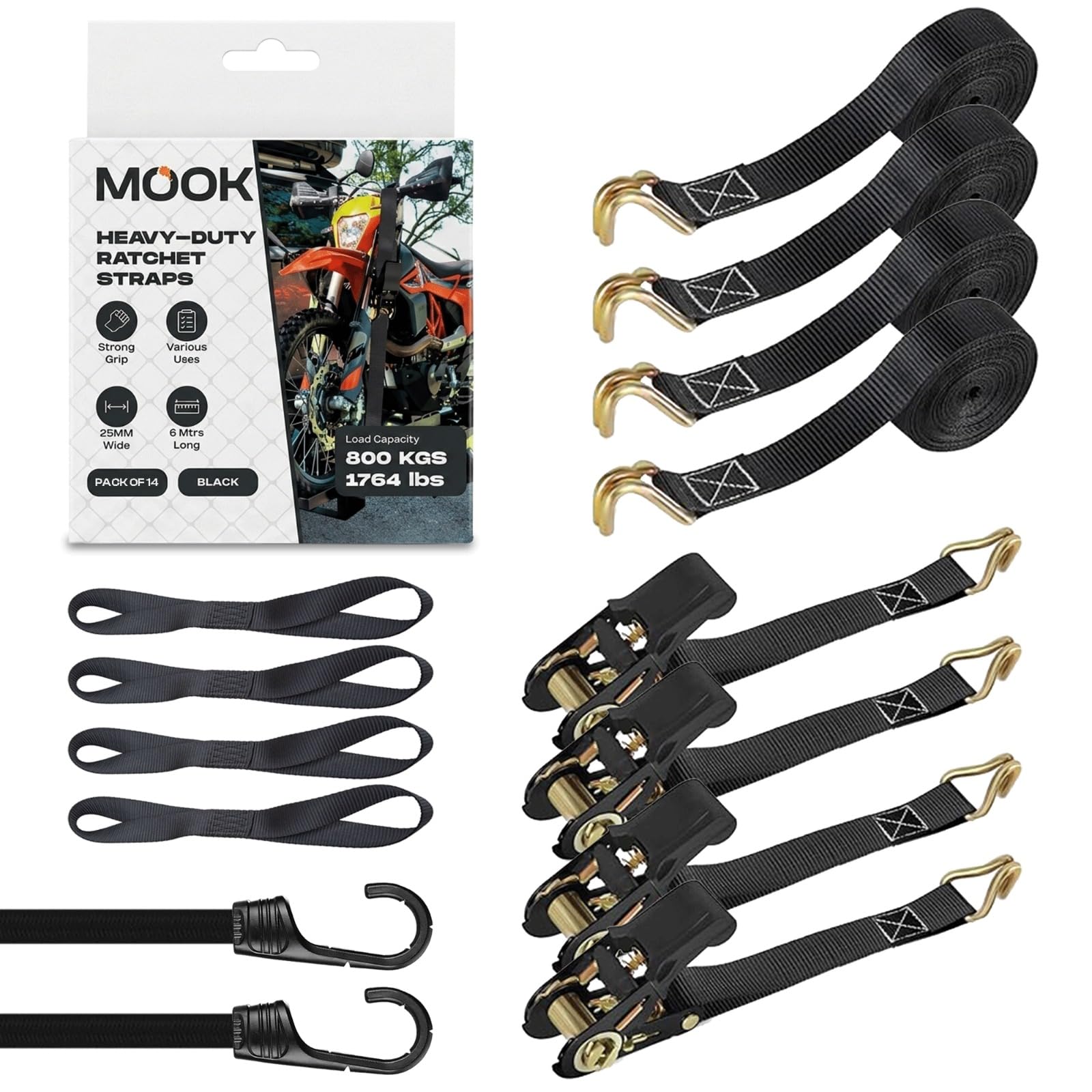 MOOK 4PCs Heavy Duty Ratchet Straps with Hooks – 4PCs 6M x 25MM Tie Down Straps with J Hooks, 4 Soft Loops, 2 Bungee Cords – 800KG Load Capacity – Secure Cargo for Car, Trailer Motorcycle – 14 PCs Set
