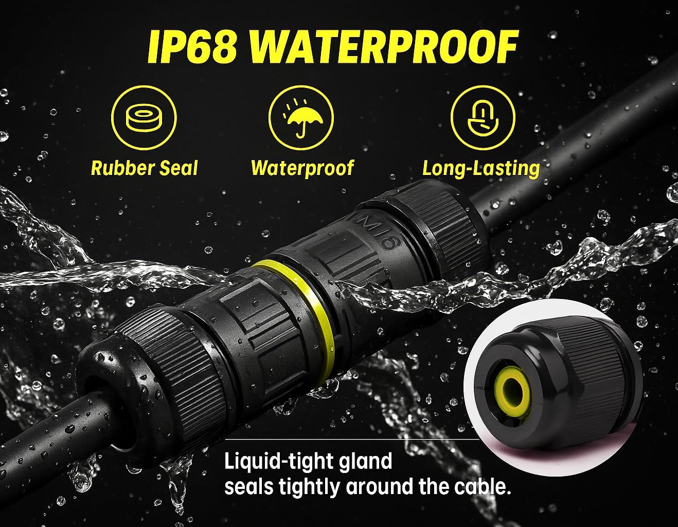 ANGSTROM 3-Core Waterproof Electrical Connector | IP68 Cable Joiner for Outdoor Lighting, Fountain Pumps, and Extension Cord Splicing | M16 Size Fits Wires 18-12AWG (10-Pack)
