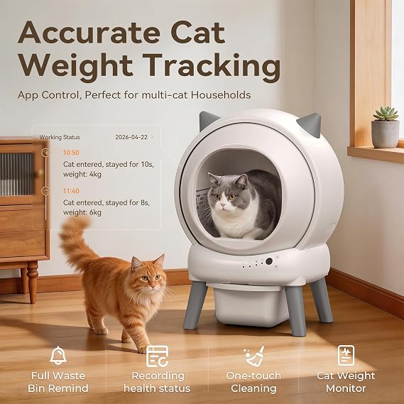 Self Cleaning Litter Box for Multiple Cats, Automatic Litter Box with APP Weight Monitoring, Dual Safety Protection, Odor-Control Includes Trash Bags and Mat