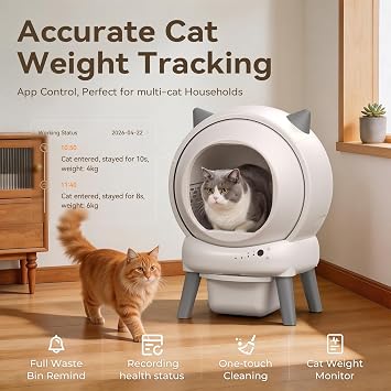 Self Cleaning Litter Box for Multiple Cats, Automatic Litter Box with APP Weight Monitoring, Dual Safety Protection, Odor-Control Includes Trash Bags and Mat