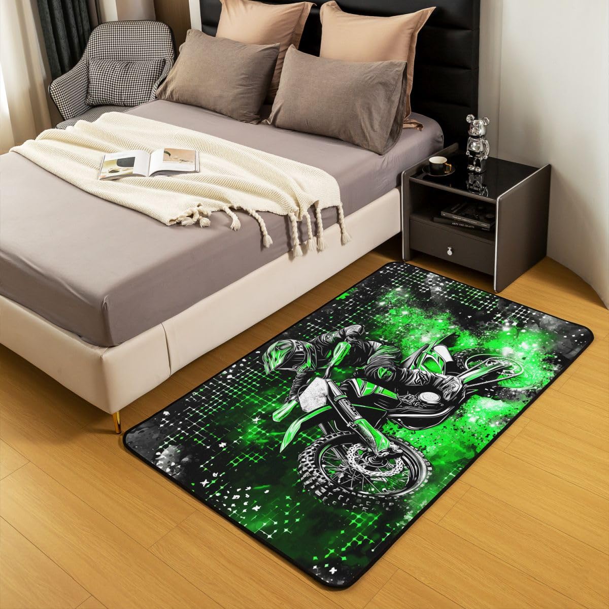 Coole Motorrad Wohnzimmer Teppich 100x150cm Extreme Sportthemen Schlafzimmerbereich Teppich für Kinder Teens Moderner schwarzer Motocross-Druck Indoor Matte Heimdekor