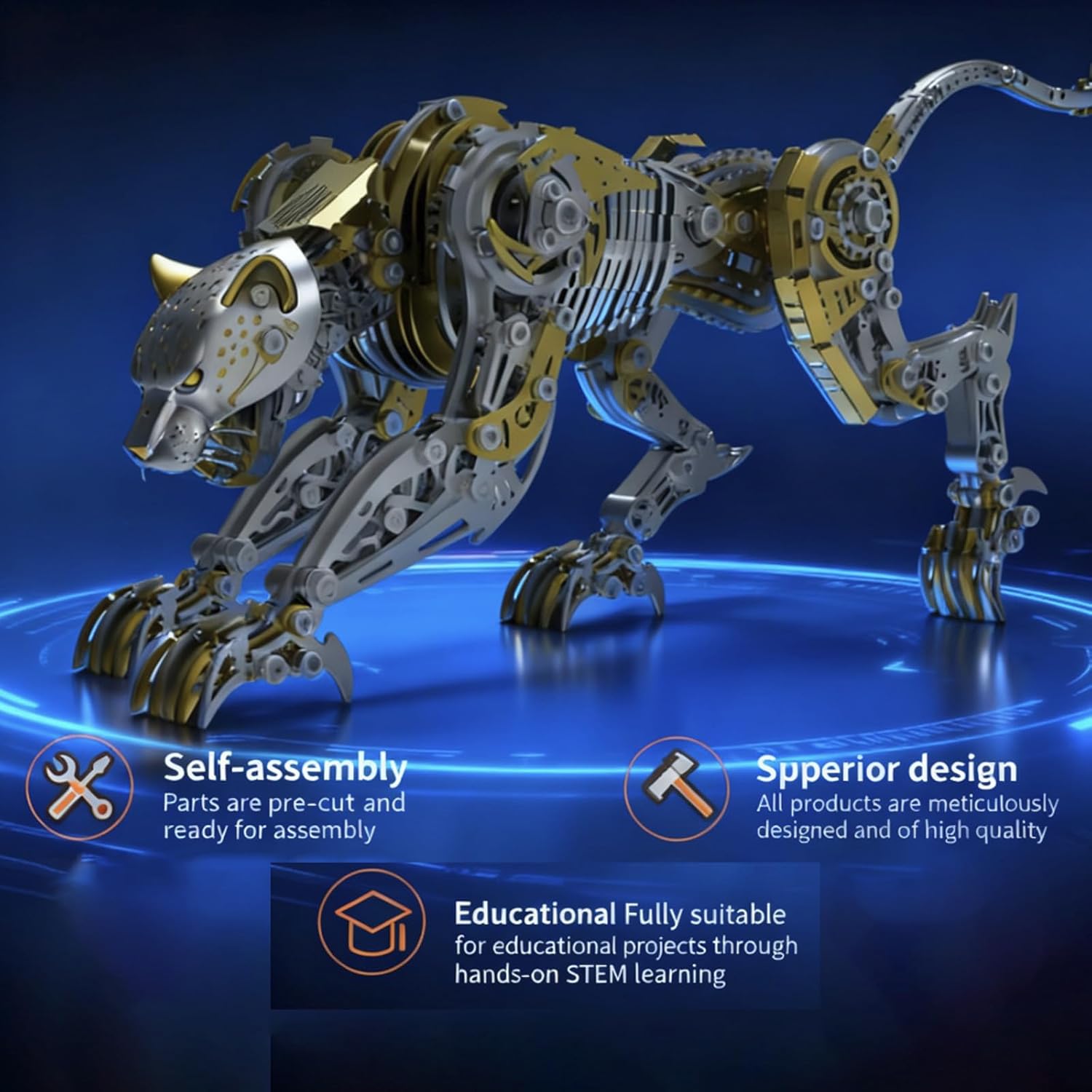 3D Metal Puzzle for Adults, 506Pcs Steampunk Mechanical Leopard Model Kits to Build, DIY Creative Art Desktop Ornament for Home Office Decor (Gold)