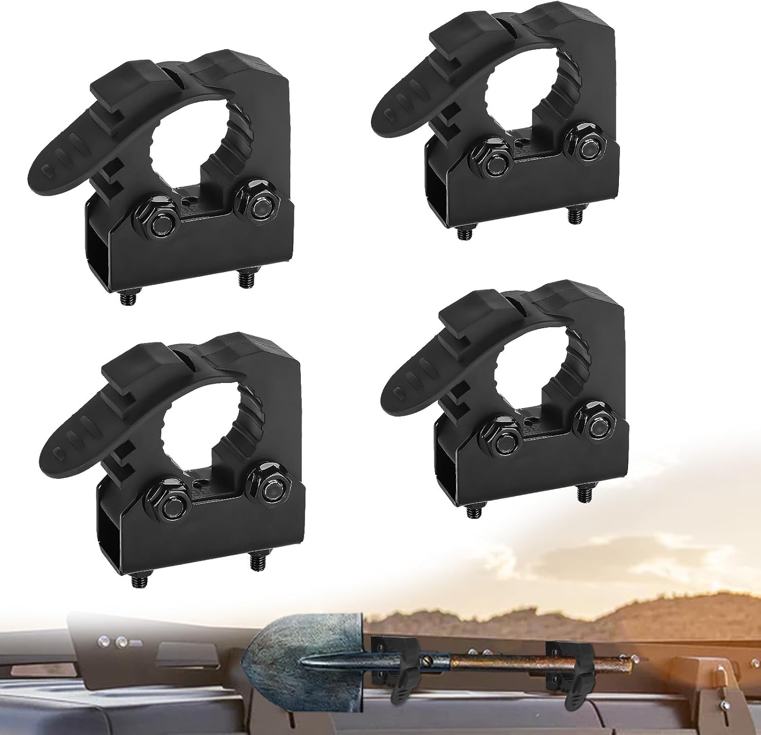 Quick Release Rubber Clamps Heavy Duty Quick Mounting Clamps Fit for Diameter Tools of 1 Inch to 2.5 Inches,Shovel Mount for Roof Rack Compatible with Truck Jeep Trailer Van -- 4PCS,Black