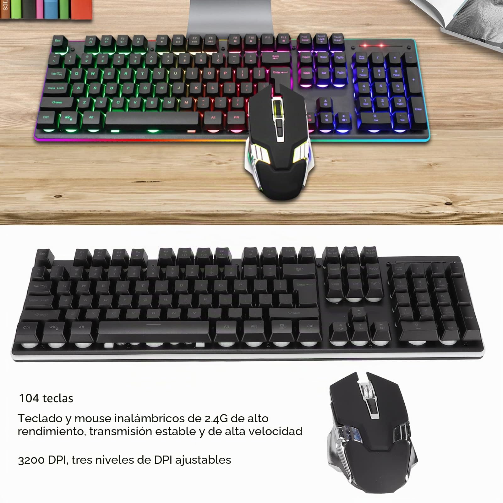 ciciglow Combo de Teclado Mecánico Y Mouse, RGB Retroiluminado con Cable Recargable 3200DPI Ratones Teclado Inalámbrico para Juegos para PC Gamer Computadora de Escritorio