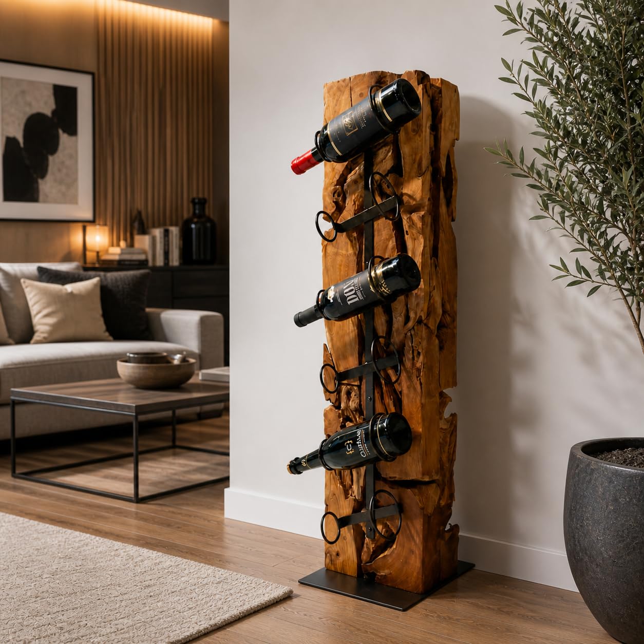 XILON Weinregal Holz | Handgefertigter Weinständer aus Teakholz für 6 Flaschen | Flaschenregal mit Stahlfuß | Modern und nachhaltig Holz Weinregal – 100cm Hoher Weinflaschenhalter