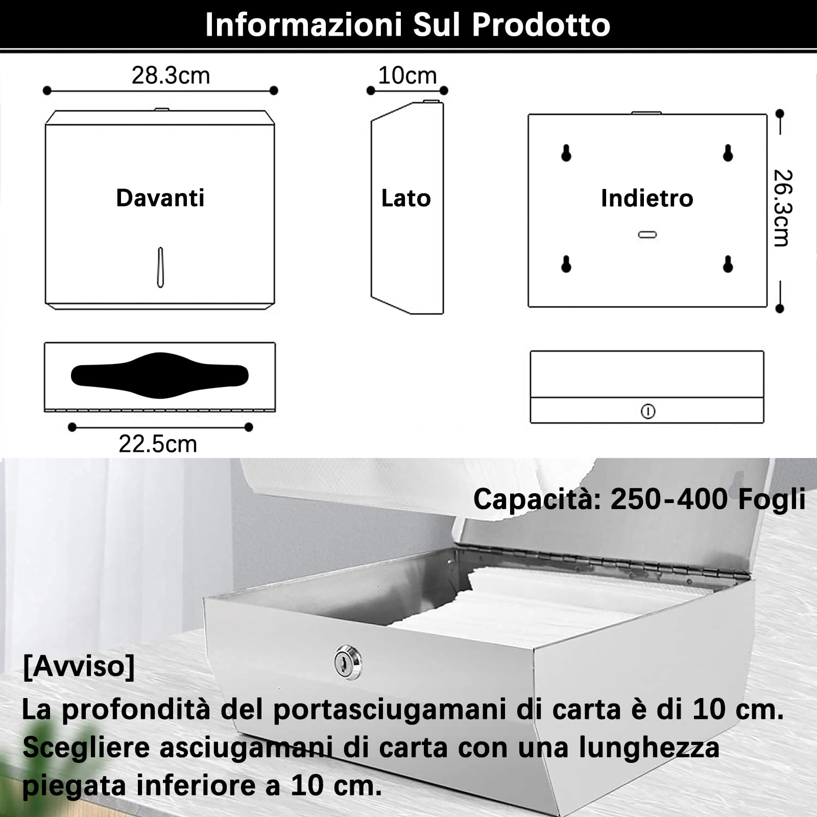 NICEME Dispenser Asciugamani di Carta in Acciaio Inossidabile, Design di Bloccaggio, Può Contenere 250 a 400 Asciugamani di Carta