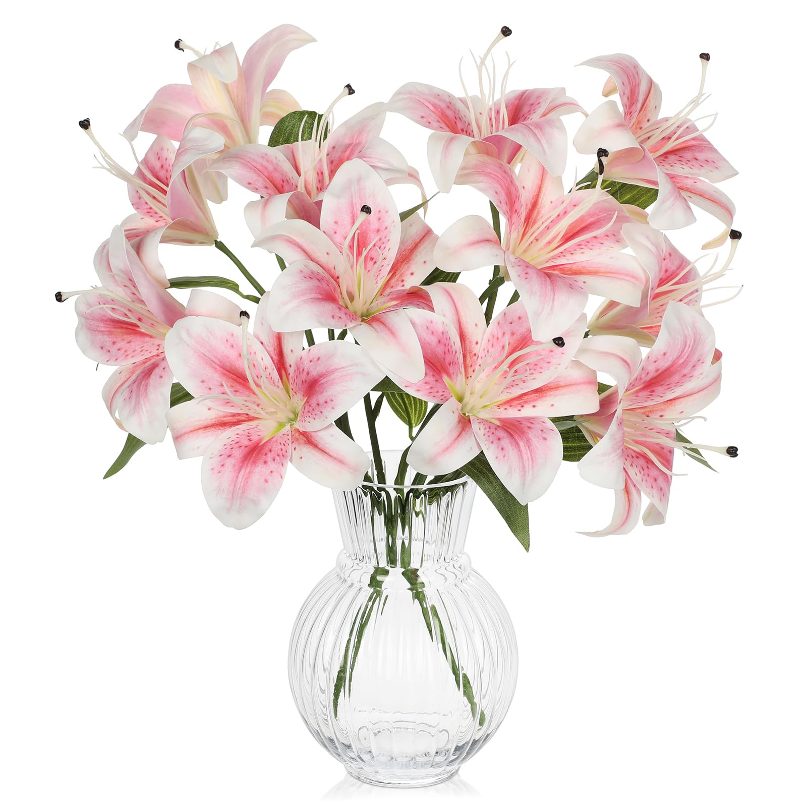 Oairse Set of 2 Artificial Lily Flowers Bouquets Faux Pink Tiger Lily Flower Stems with 12 Heads, Realistic Fake Flowers for Home Décor Wedding Centrepieces Gift DIY Floral Arrangements, 17.7 Inch