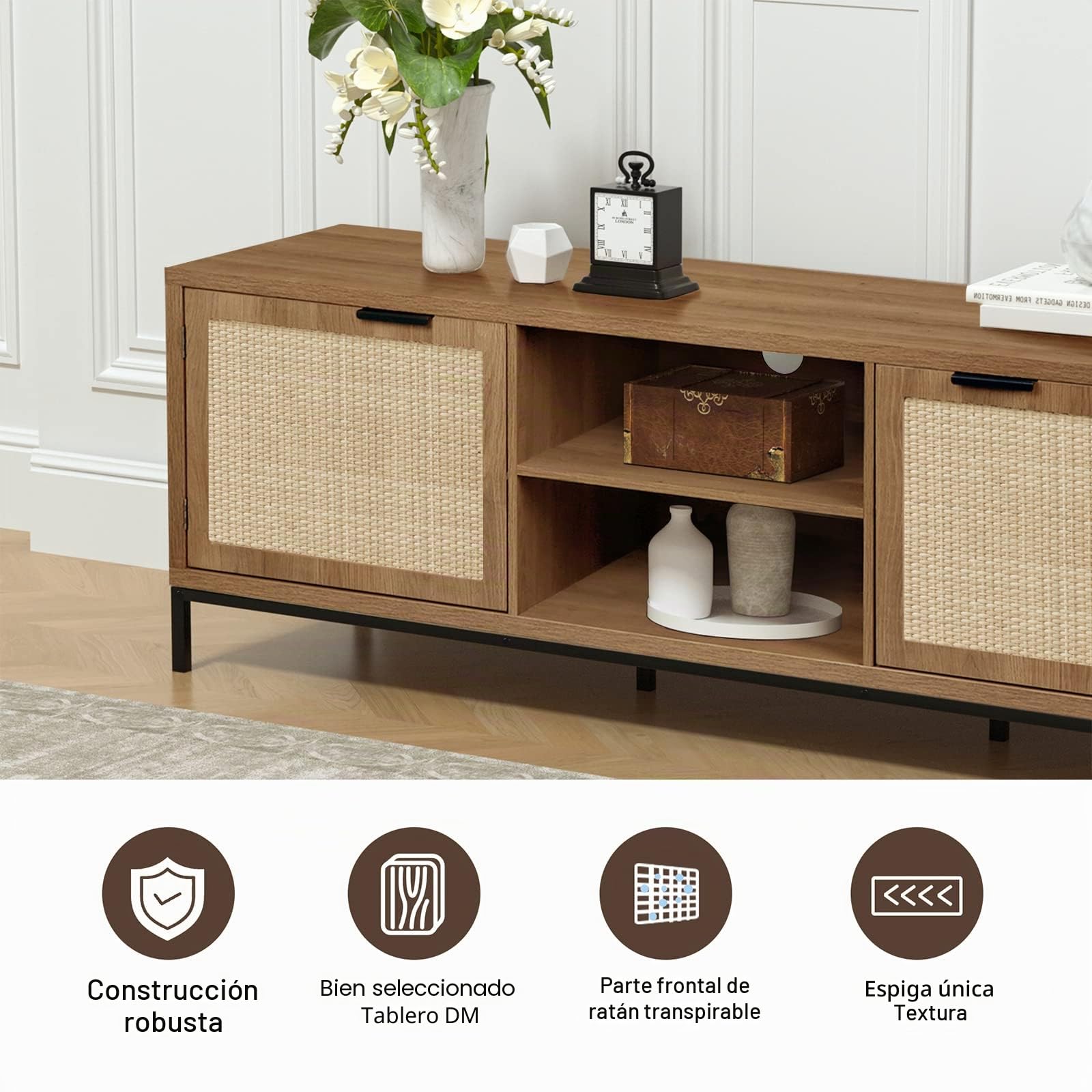 Mueble de TV 150cm de 2 Rattan Puertas, Muebles de Salon Modernos y 2 Estantes Abiertos, Mesa de TV para Televisores de hasta 65 Pulgadas, para Salón, Comedor, Dormitorio