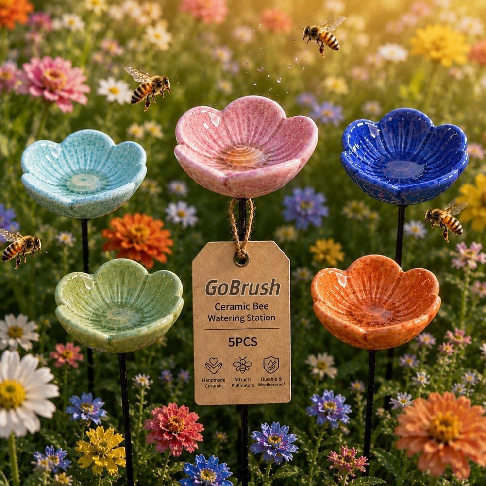 Ceramic Bee Watering Station, Poppy Blossom Flower Shaped Design, Wildlife Drinking and Water Bath Feeder Cups for Garden, 5 Pieces (D)