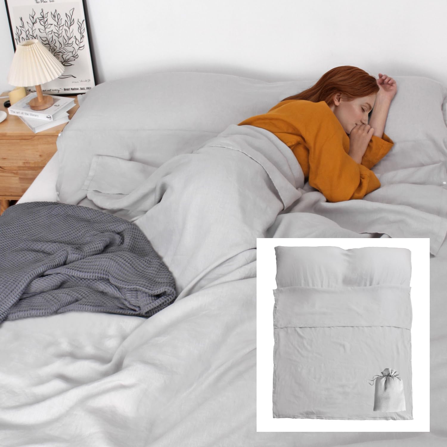 S VICTORY SYMBOL 100% Linen Portable Bed Sheet,Sleeping Bag Liner for Hotel and Travel,Sleep Sack Adult-Ultra Lightweight Backpacking with Zipper,Twin Size Light Grey