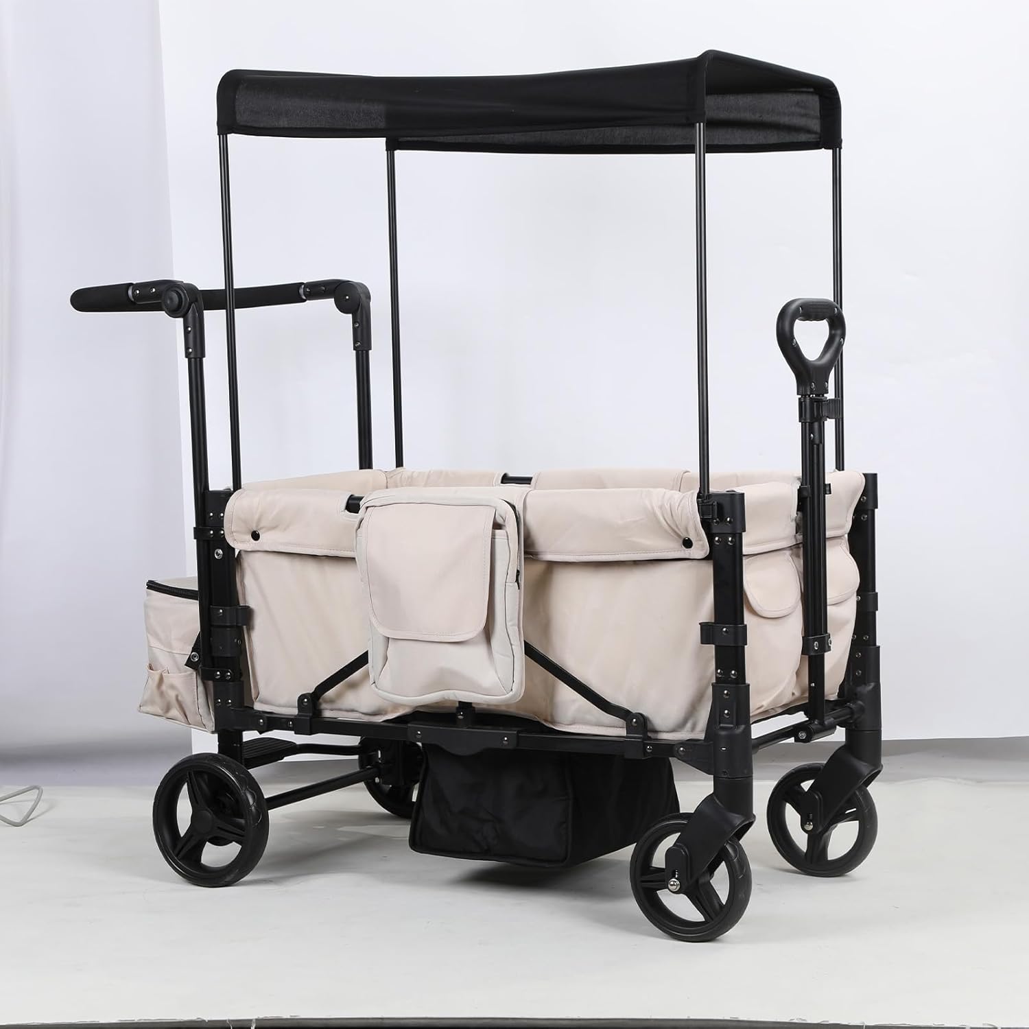 2-Seater Stroller Wagon - Double Kids Wagon with Canopy Foldable All-Terrain Push Pull Wagons, Removable Canopy & 5-Point Harness for 2 Children, Beach, Camping, Shopping Trips & Outdoor Adventures B