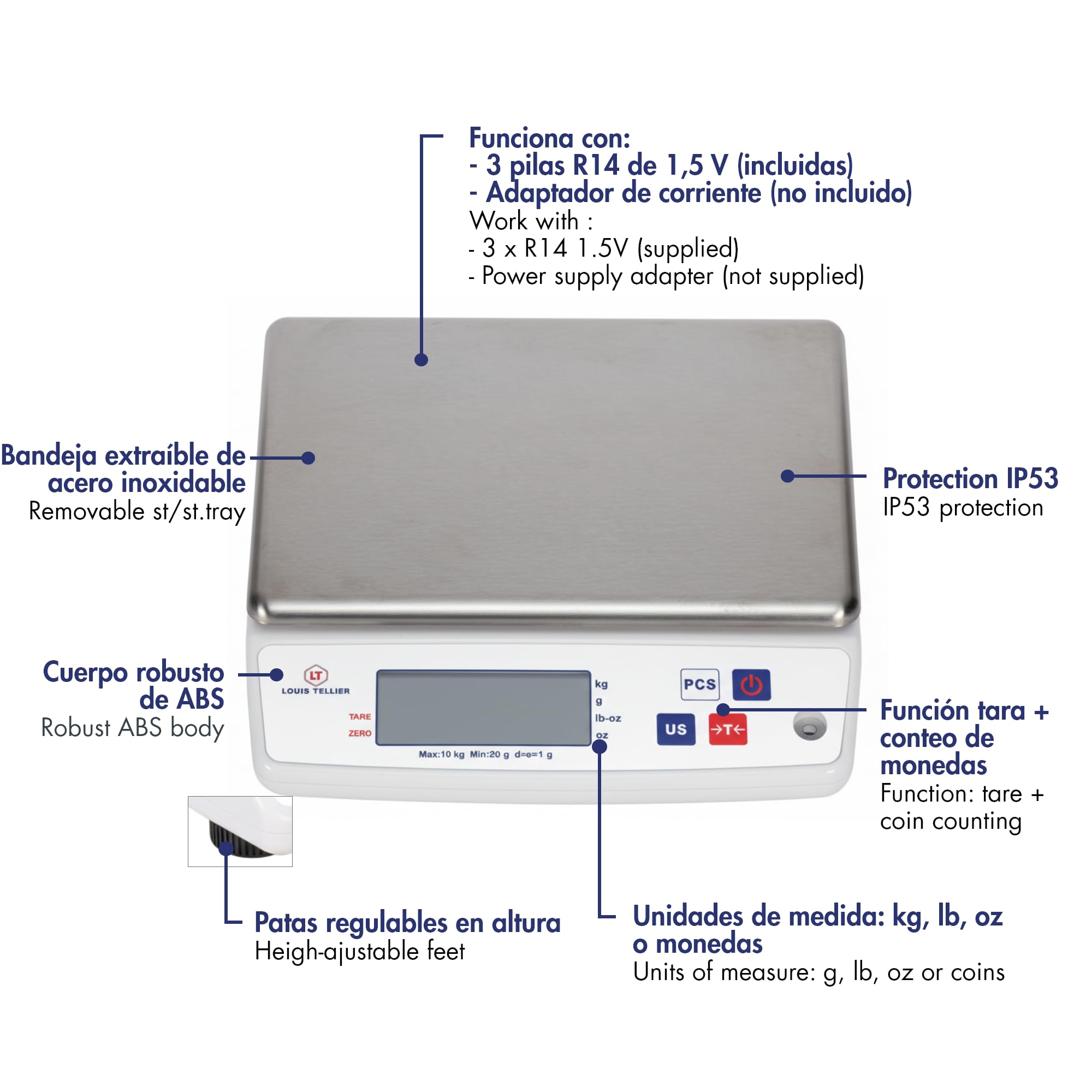 LOUIS TELLIER - Balanza Electrónica Profesional – 10 kg - IP53 - Precisión 1 g - Bandeja Extraíble de Acero Inoxidable - Cocina - Panadería – 22 x 16,5 cm