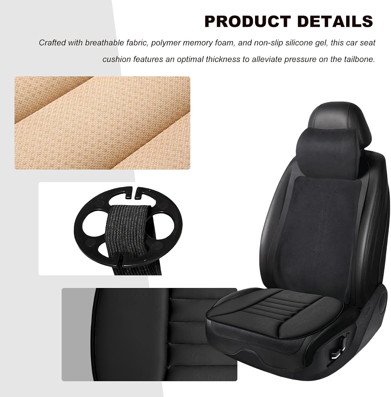 Car Seat Cushion Chair Cushions, Breathable Driver Seat Protector with 1.2" Thick Comfort Memory Foam, Non-Slip Pressure Relief Driver Seats Pillow for Vehicle Office Home (Black)