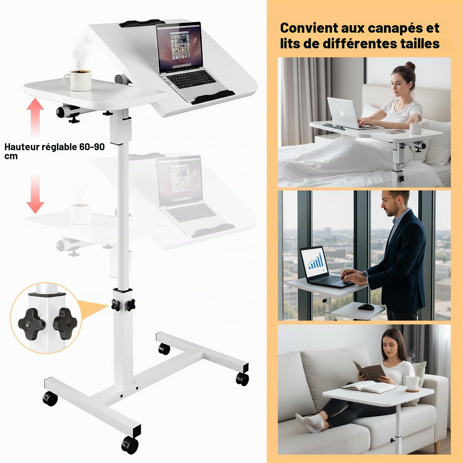 Bureau avec Roues, Bureau Table Informatique, Table de lit Roulette Réglable en Hauteur Table Roulante pour Lit Canapé avec Bandes Antidérapantes, Pliable 60X40CM Blanc