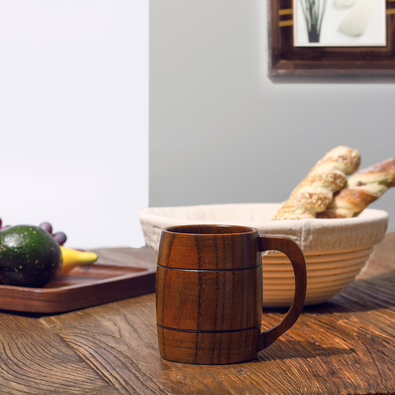 Lot de 2 tasses à bière en bois rétro avec poignée