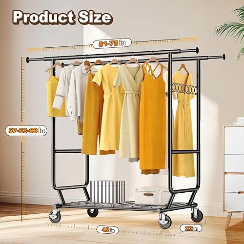 Vista 23 de HOKEEPER Perchero de ropa resistente con carga de 650 libras, perchero plegable con ruedas, doble barra para colgar ropa, estante portátil comercial