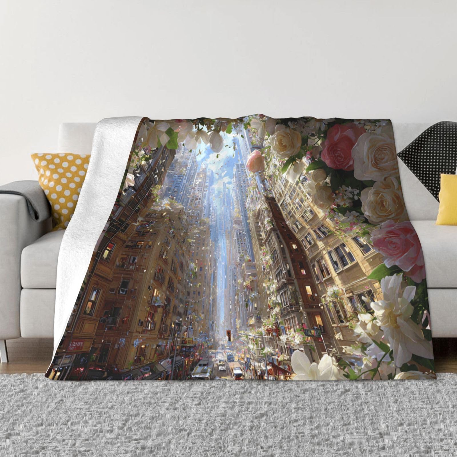 Manta de viaje portátil de 80 x 60 pulgadas, suave, resistente a las arrugas, plegable, exquisito estampado de flores de ciudad