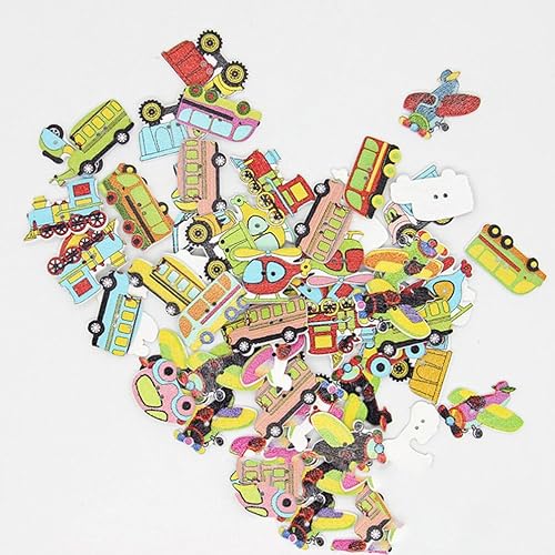 Miniatura 7 de TEHAUX 50 botones de madera, botones decorativos de dibujos animados, lindos botones en forma de automóvil, camión, avión, barco, botones de costura