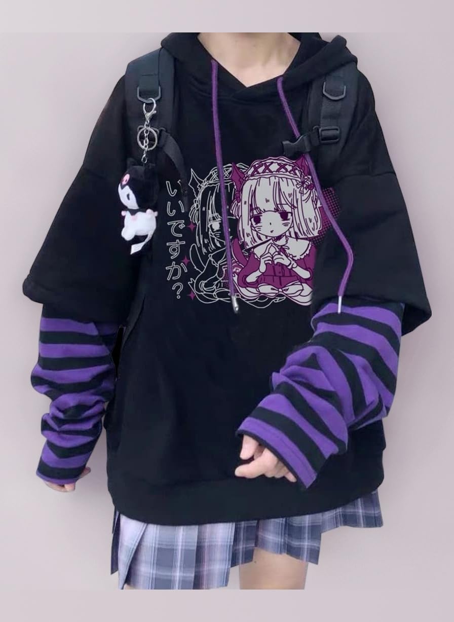 Women Japanese Kawaii Print Hoodie Y2K Gothic Sweatshirt Cute Harajuku Pattern Long Sleeve Pullover