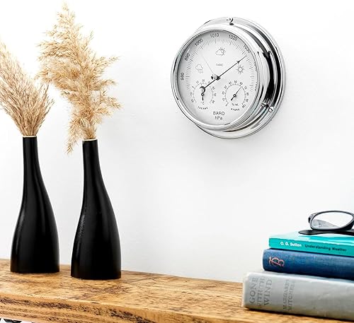 Miniatura 7 de Barómetro cromado con higrómetro y termómetro incorporados, estación meteorológica analógica para uso doméstico y exterior, hecho a mano en