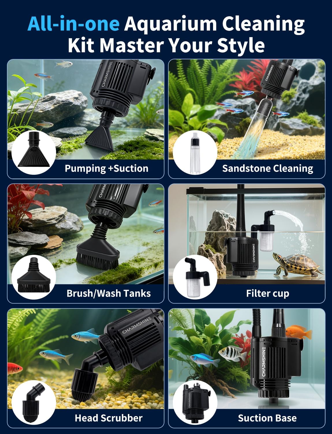 Electric Aquarium Gravel Cleaner 370GPH [2026 Edition] 6 in 1 Automatic Fish Tank Cleaning Tools Gravel Vacuum for Aquarium Fish Tank Change Water Wash Sand (with Filter Cup Hose Clamp 22W 1400L/H)