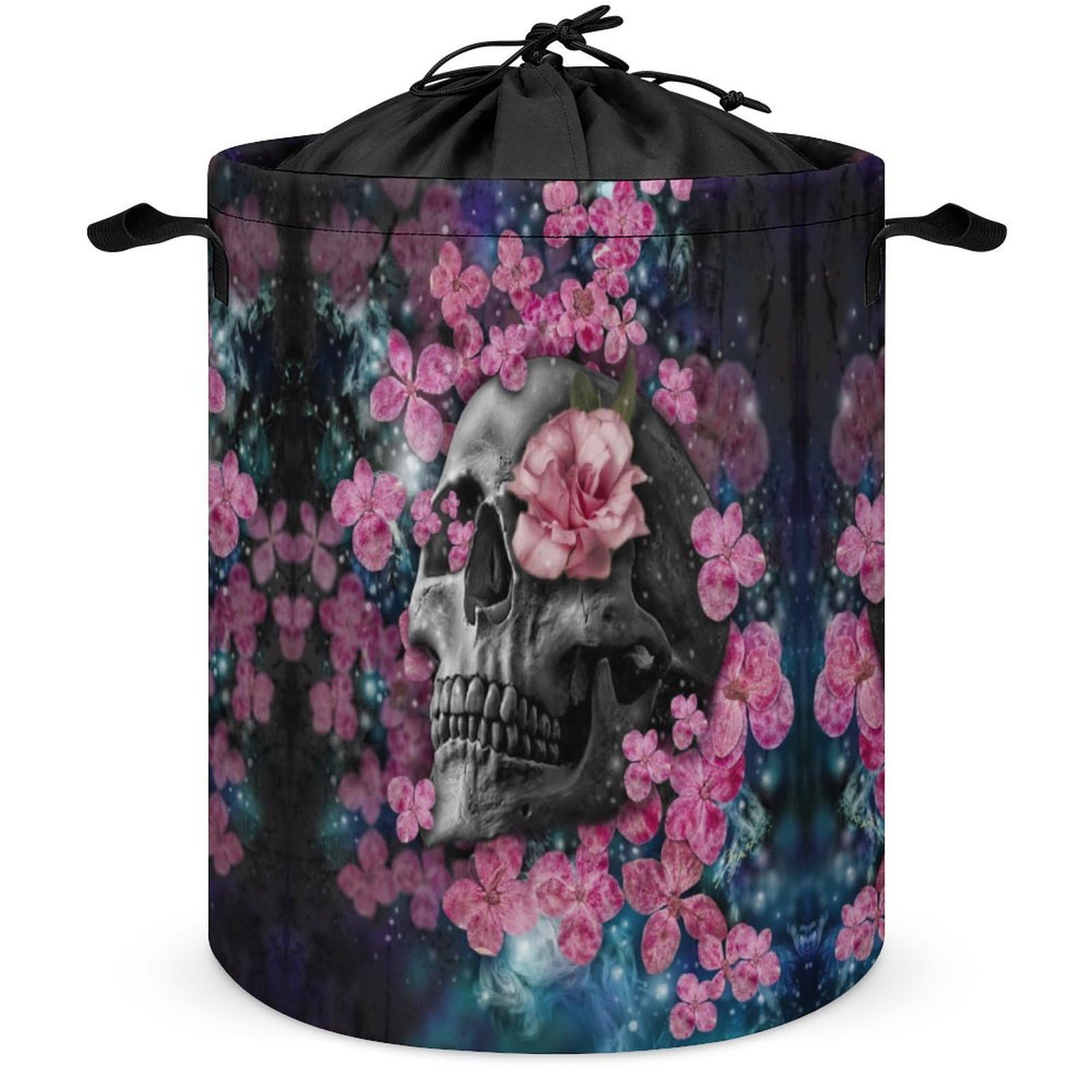 Qjjinxior Drawstring Laundry Hamper, Skull Flower Laundry Basket, Washing Basket with Handle