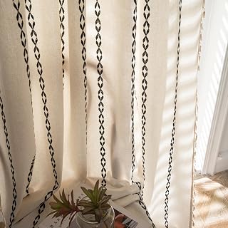 Deeprove White and Black Boho Curtains 72 inches Length for Living Room Bedroom Nursery, Chic Bohemian 72 inches Long, Stripe Embroidery Privacy Window Fringe Decoration W52 x L72, Single 1 Panel