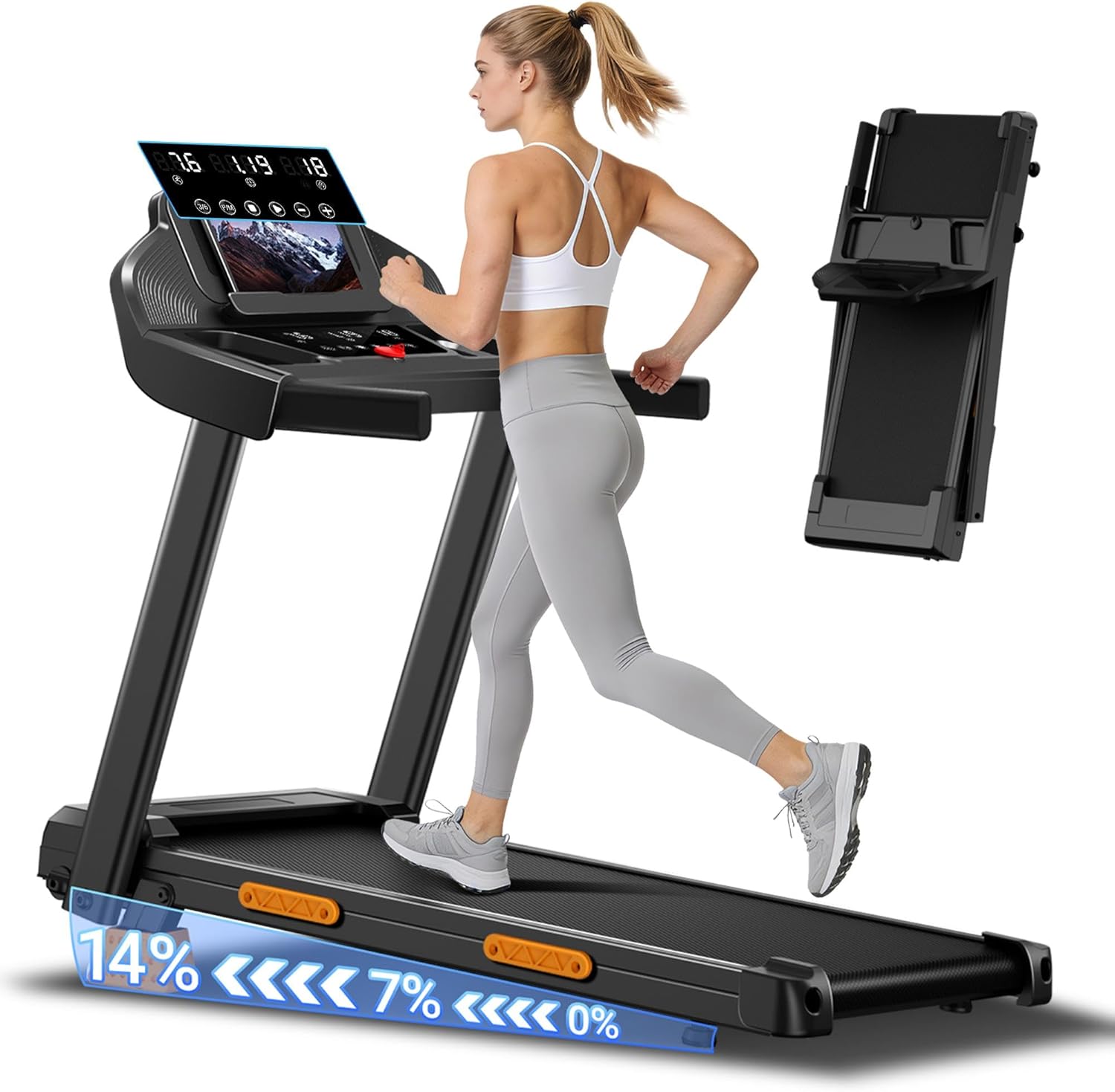 Treadmills for Home with 14% Incline & Led Screen, 3.0HP Quiet Foldable Treadmill with Handle Bar Up to 360lbs Capacity, 7-Layer Shock-Absorbing Walking Pad Treadmill 0.6-7.2MPH