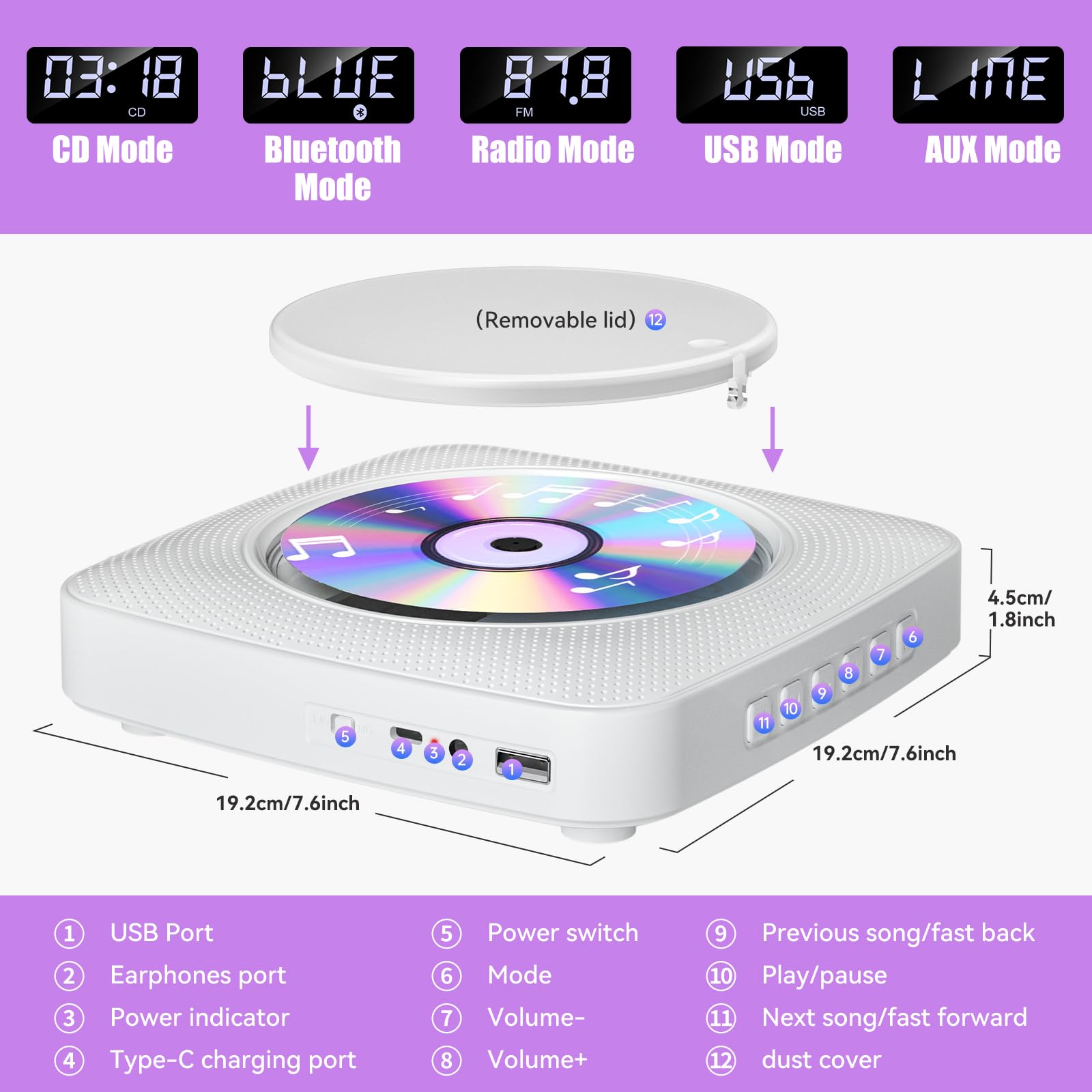 Gueray Lecteur CD Portable Bluetooth 1800mah Lecteur CD de Bureau pour la Maison Lecteurs CD avec Deux Haut - parleurs Télécommande Housse Anti-poussière Affichage Radio FM Minuterie USB Aux-Blanc