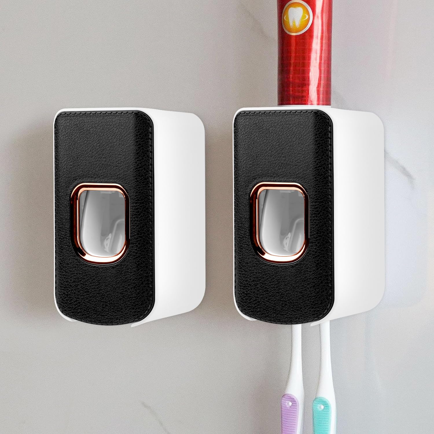 2 Slot Toothbrush Holder and Toothpaste Dispenser Wall Mounted, Automatic Toothpaste Squeezer, 2 in 1 Tooth Brush Toothpaste Organizer for Shower (Black 2Pack)