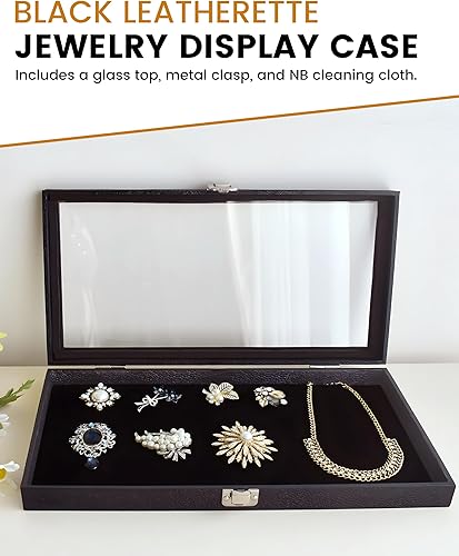 Miniatura 3 de Novel Box Vitrina de joyería con cierre de metal de cuero sintético negro con tapa de cristal grande 14.75 x 8.25 x 2.1 + paño de limpieza NB